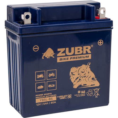 Аккумуляторная батарея 5Ah ZUBR BIKE PREMIUM YB5L-BS R+, 113х69х105 