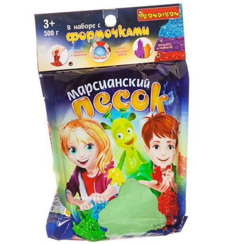 Набор игровой Вondibon Марсианский песок, 500г зелёный, 4 формочки 3D