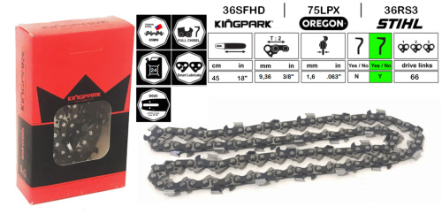 Цепь пильная KINGPARK 45 см, 16'', 3/8'', зуб CHISEL, 1,6 мм, 66 звеньев, 75LPX066, для бензопил 50-80 сс STIHL
