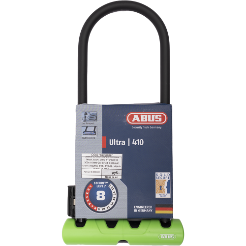Замок U-образный с ключом 14х300х110мм ABUS Ultra 410/170HB GN SH34, с кроншт, класс защиты 8/15, 1100гр, черно-зеленый, 05-0034592