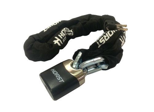 Замок цепной с ключом 10х1200мм HORST с навесным замком черный, 09-100219