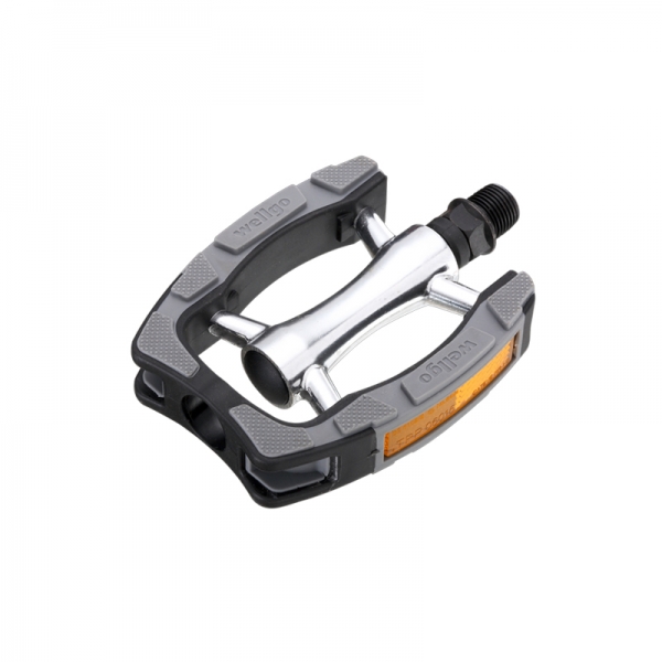 Педали 6-14198 алюминиевые C098 ось Cr-Mo с пласт. ободом с отраж. с резин. накладк. серебр.-черные 