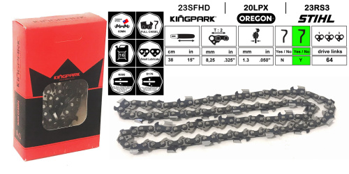 Цепь пильная KINGPARK 38 см, 15'', .325'', зуб CHISEL, 1,3 мм, 64 звеньев, 20LPX064, для бензопил 45-52 сс