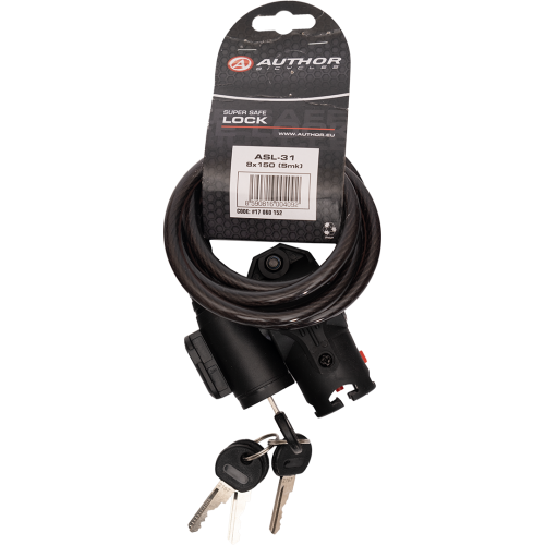 Замок с ключом AUTHOR ASL-31, 8-17060150, тросовый, 8х1500мм, с креплением, черный