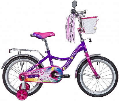 Велосипед NOVATRACK 16", LITTLE GIRLZZ, фиолетовый, тормоз нож., пер.корзина, зеркало, крылья и багажник