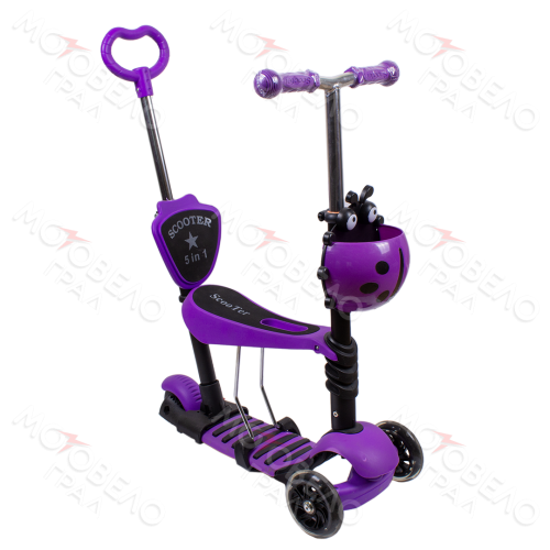 Самокат Novatrack Disco-kids Saddle PRO для детей, трансформер, свет.колеса PU 120*90мм, фиолетовый