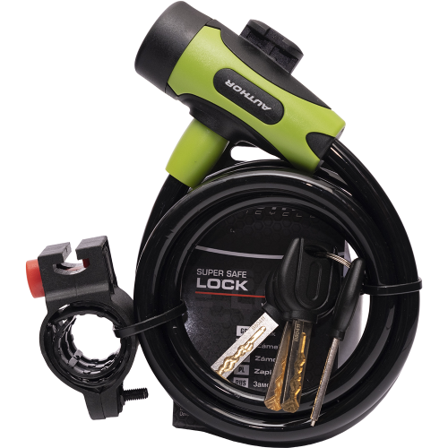 Замок тросовый с ключом 10х1500мм AUTHOR ASL-25 автом. с крепл. с защ. колпачком ЧЕРНО-ЗЕЛЕНЫЙ, 8-17060220