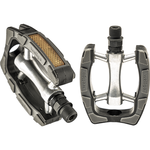 Педали 6-14198 алюминиевые C098 ось Cr-Mo с пласт. ободом с отраж. с резин. накладк. серебр.-черные 