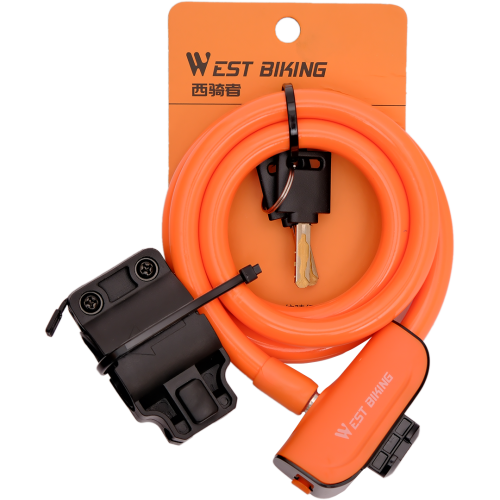 Замок противоугонный велосипедный 12х1200мм, из стали покрытой пластиковой оплеткой, защитная шторка, West Biking арт. 0705047 оранжевый