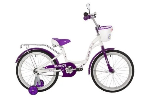 Велосипед NOVATRACK 20" BUTTERFLY, белый-фиолетовый, тормоз ножной, крылья и багажник