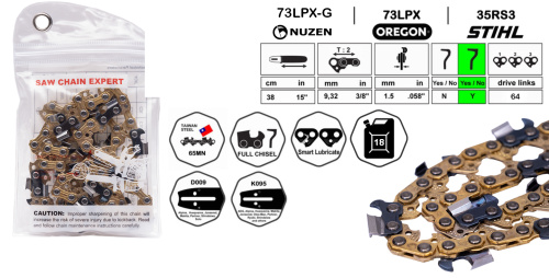 Цепь пильная NUZEN GOLD 45 см / 18", 3/8'', зуб CHISEL, 1,5 мм, 64 звеньев, 73LPX-064, для бензопил 50-80 сс