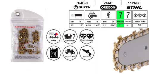Цепь пильная NUZEN 15 см, 6", 1/4", semi chisel, 1,1 мм, 39 звеньев, 24AP039E, стойкость 12, для минипил, from-roll