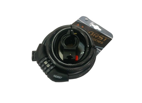 Замок тросовый кодовый 10х1800мм HORST 4-х разр. с креплением на раму, черный, 09-100191