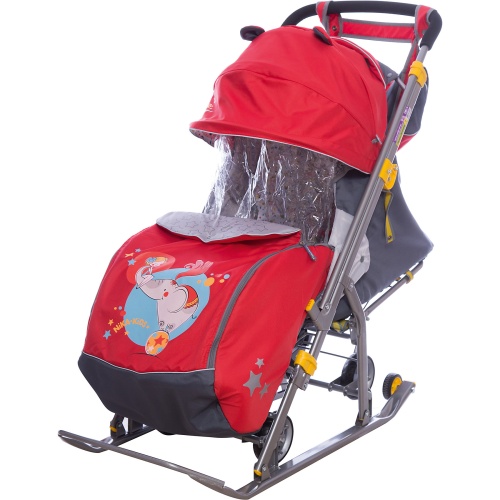 Санки-коляска «Ника детям 7 - девочка и слон» с выдвижными колёсами, цвет красный