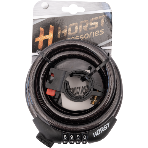 Замок тросовый кодовый 12х1500мм HORST 4-х разряд. с креплением на раму, черный, 09-100192