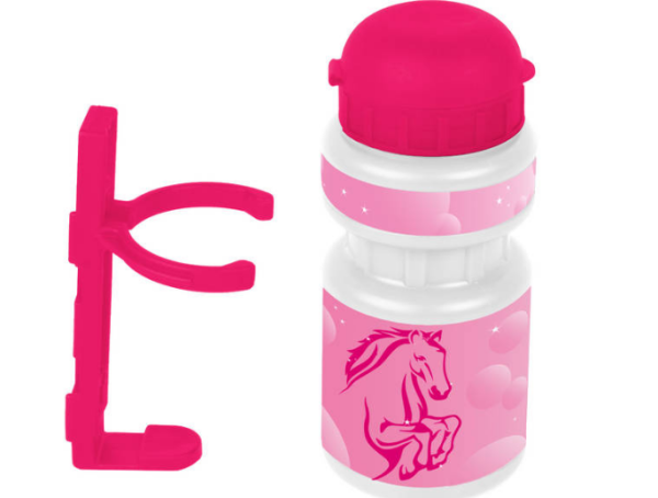 Фляга VENTURA KIDS, 5-340212, детская пласт. 0,3л розовая "лошадка"+держ. пластик с унив. крепл.
