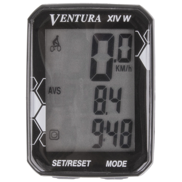 Велокомпьютер VENTURA XIV W БЕСПРОВОДНОЙ 14 ф-ций 3-х стр. диспл, влагоз. столик с рег. угла накл