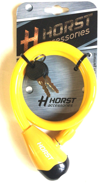 Замок тросовый с ключом 12х650мм HORST автом. желтый, 09-100064