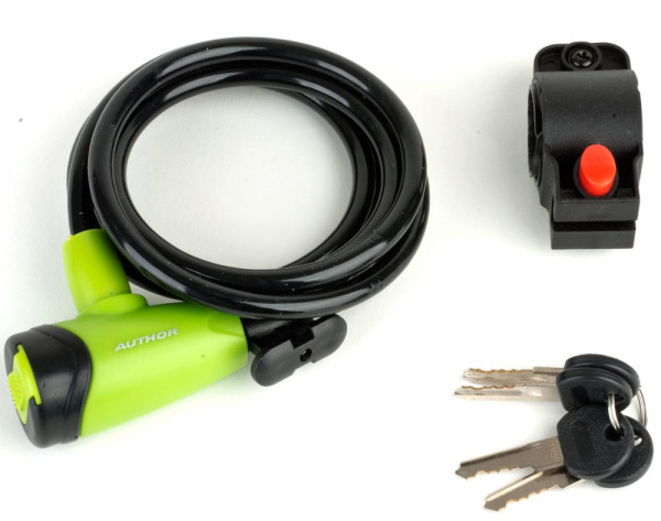 Замок с ключом AUTHOR ASL-41, 8-17060155, тросовый, 8х1500мм, с креплением, ЧЕРНО-ЗЕЛЕНЫЙ