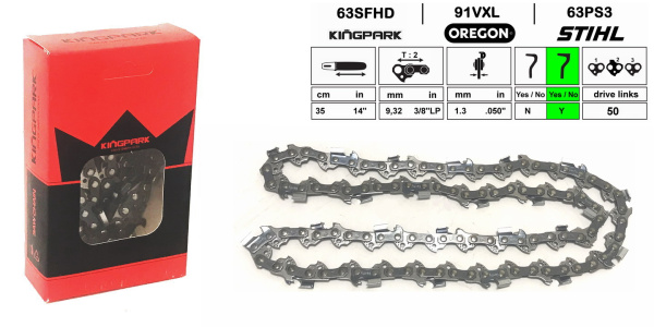 Цепь пильная KINGPARK 35 см, 14'', 3/8''LP, 1,3 мм, 50 звеньев, зуб CHISEL, 91VXL050, для STIHL MS180-MS250