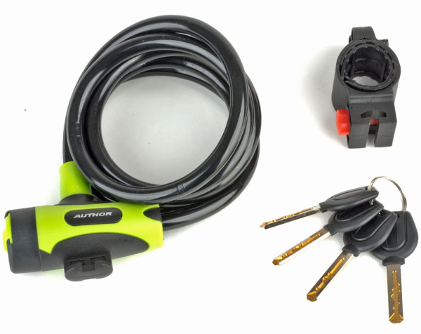 Замок тросовый с ключом 10х1500мм AUTHOR ASL-25 автом. с крепл. с защ. колпачком ЧЕРНО-ЗЕЛЕНЫЙ, 8-17060220