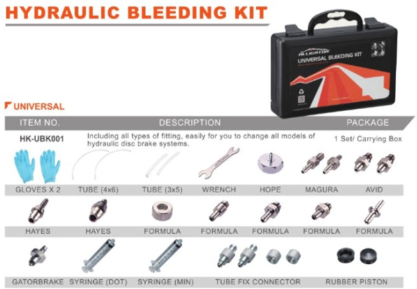 Набор для прокачки дисковых гидравлических тормозов ALLIGATOR HK-UBK001-TK для TEKTRO/SHIMANO (шприцы, фиттинги, торм. жидкость и пр) 6-200230-1