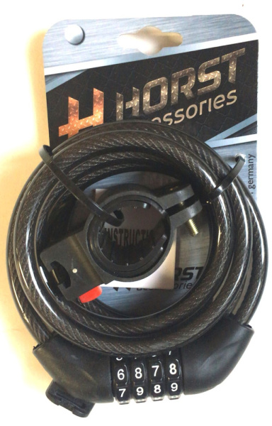 Замок тросовый кодовый 10х1800мм HORST 4-х разр. с креплением на раму, черный, 09-100191