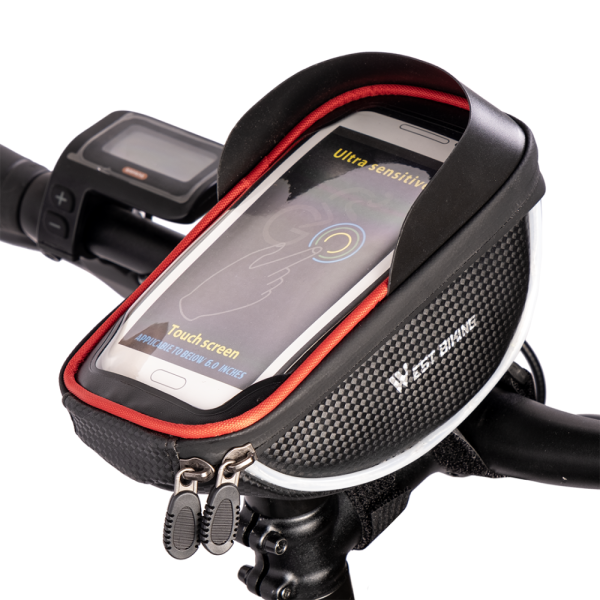 Велосипедная водонепроницаемая сумка для телефона с креплением на руль, с доступом к сенсорн.экрану до 6 дюймов, черн\красная,West Biking арт. 0707223