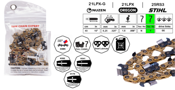 Цепь пильная NUZEN 40 см, 16", .325", full chisel, 1,5 мм, 66 звена, 21LPX066, для китайских бензопил, ECHO 39-53cc, Husqvarna, EFCO, Oleo-Mac