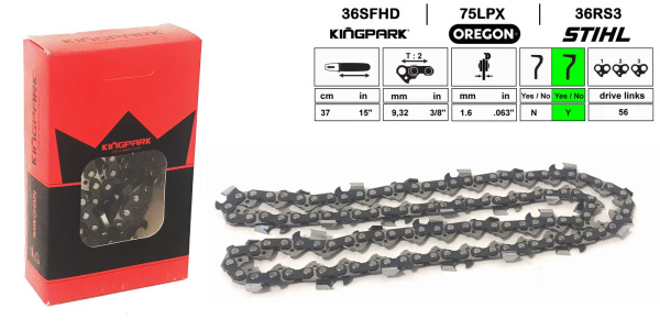 Цепь пильная KINGPARK 37 см / 15'', 3/8'', зуб CHISEL, 1,6 мм, 56 звеньев, 75LPX-056, для бензопил 50-80 сс STIHL