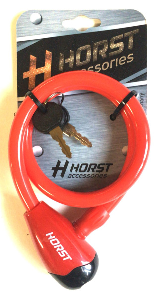 Замок тросовый с ключом 12х650мм HORST автом. красный, 09-100060