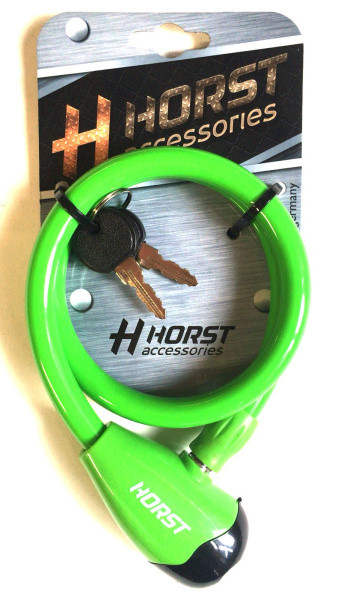 Замок тросовый с ключом 12х650мм HORST автом. зеленый, 09-100062