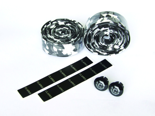 Лента на руль 3-185 CHBT28BW корковая+крепеж+заглушки на руль камуфляж черно-белый CLARKS