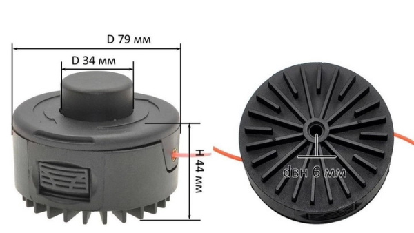 Головка косильная для электротриммера, усиленная, диаметр головки - 79 мм, установочный диаметр 6 мм, Китай