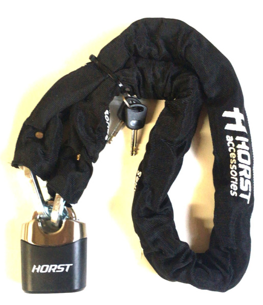 Замок цепной с ключом 10х1200мм HORST с навесным замком черный, 09-100219