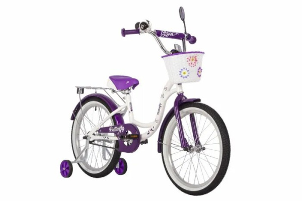 Велосипед NOVATRACK 20" BUTTERFLY, белый-фиолетовый, тормоз ножной, крылья и багажник