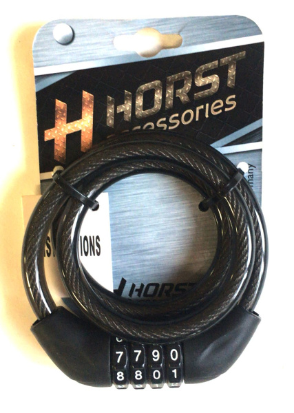 Замок 09-100079 вело кодовый (4 разряда) 10х800мм черный HORST